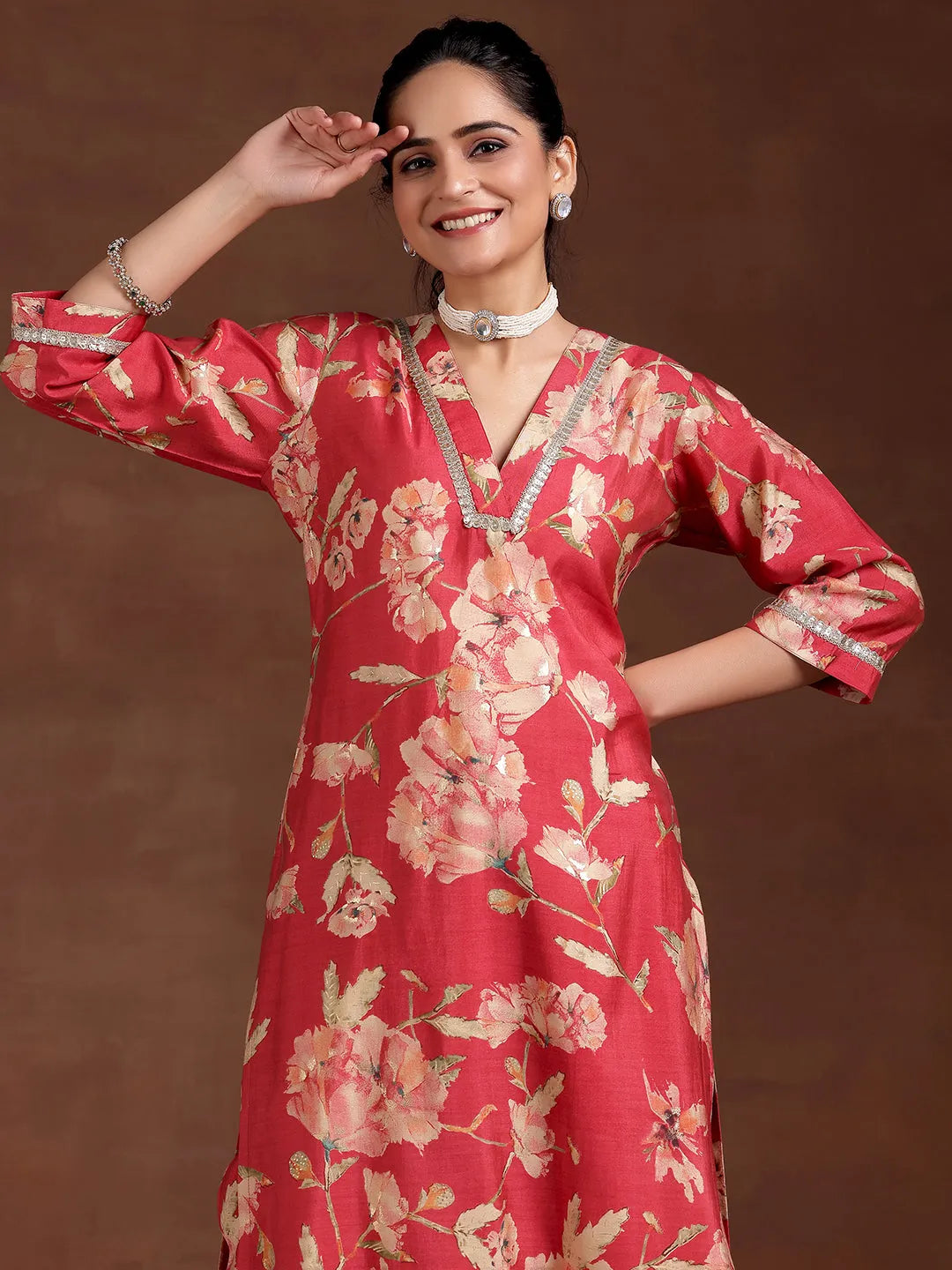 Anouk Red Printed Silk Blend Straight Kurta Set