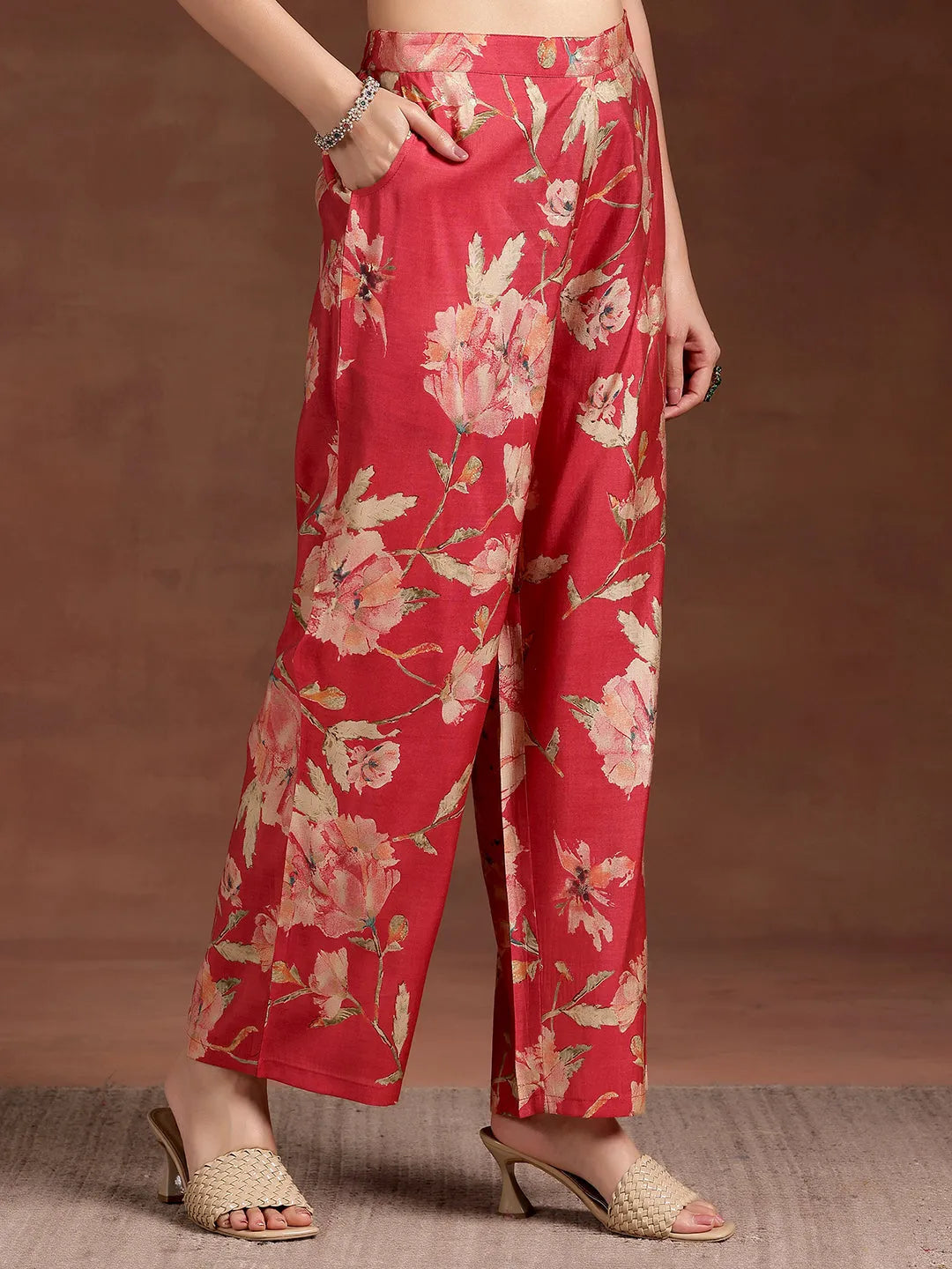 Anouk Red Printed Silk Blend Straight Kurta Set