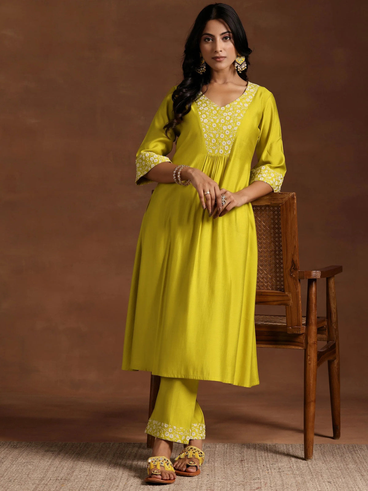 Anouk Yellow Yoke Design Silk Blend A-Line Kurta With Trousers