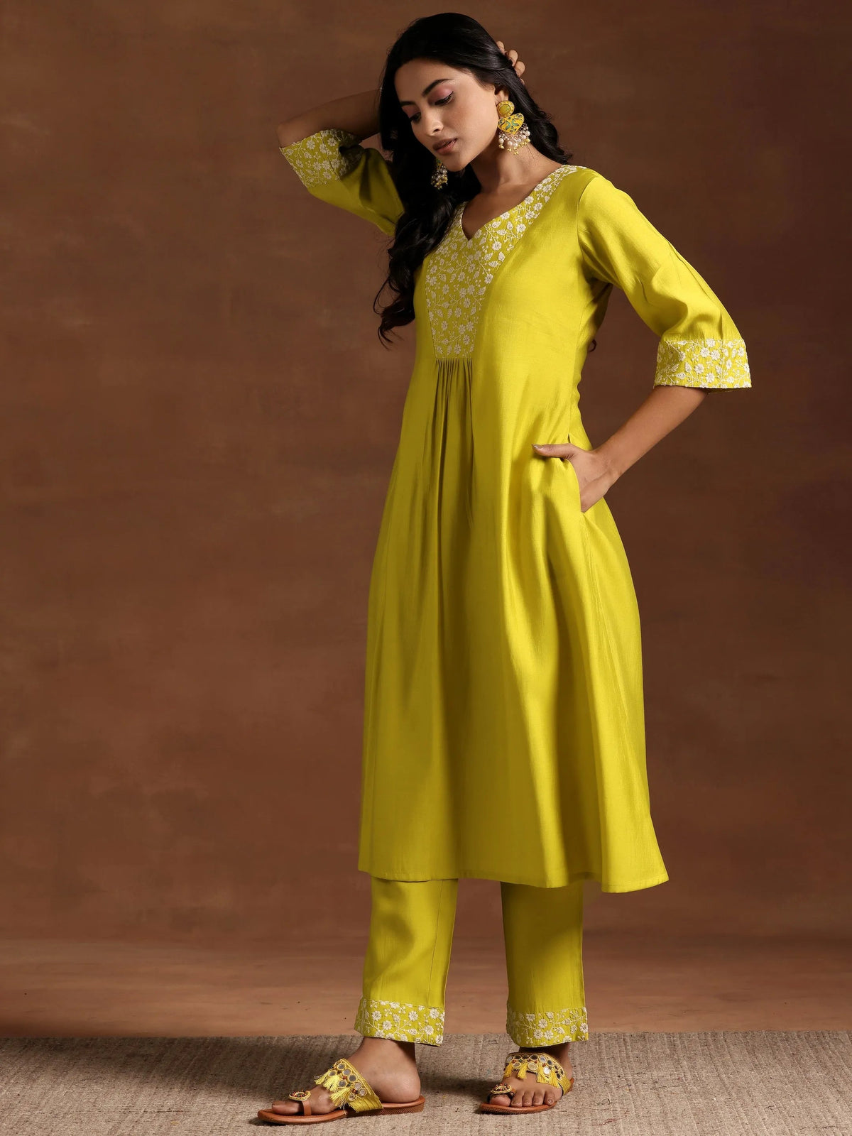 Anouk Yellow Yoke Design Silk Blend A-Line Kurta With Trousers