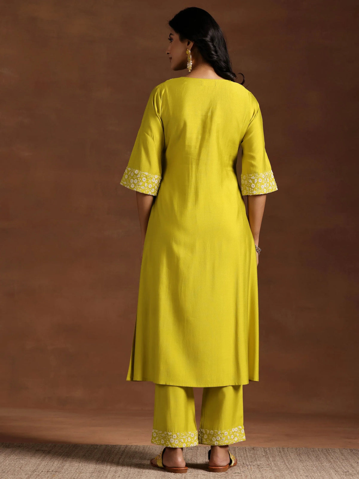Anouk Yellow Yoke Design Silk Blend A-Line Kurta With Trousers