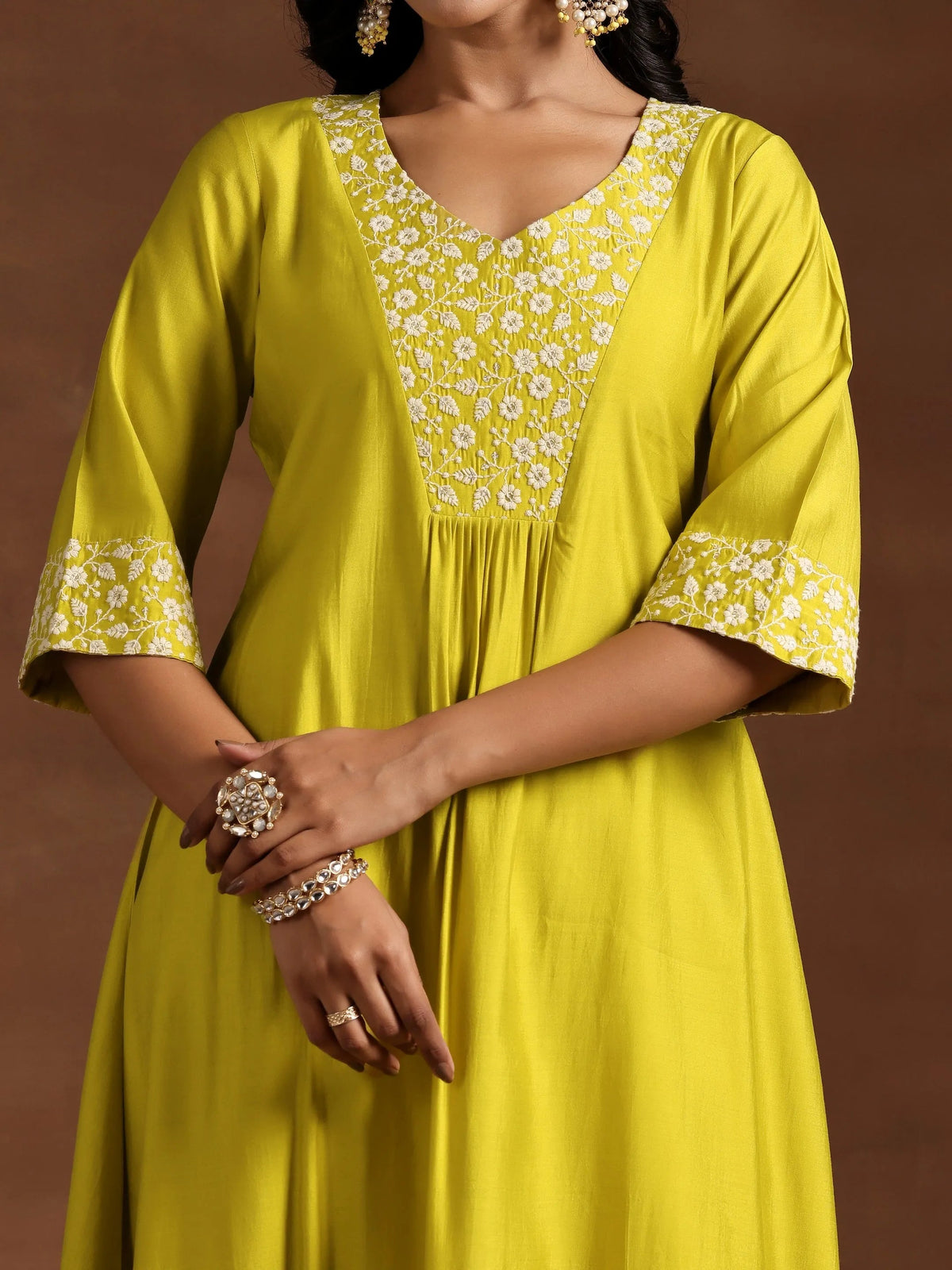 Anouk Yellow Yoke Design Silk Blend A-Line Kurta With Trousers