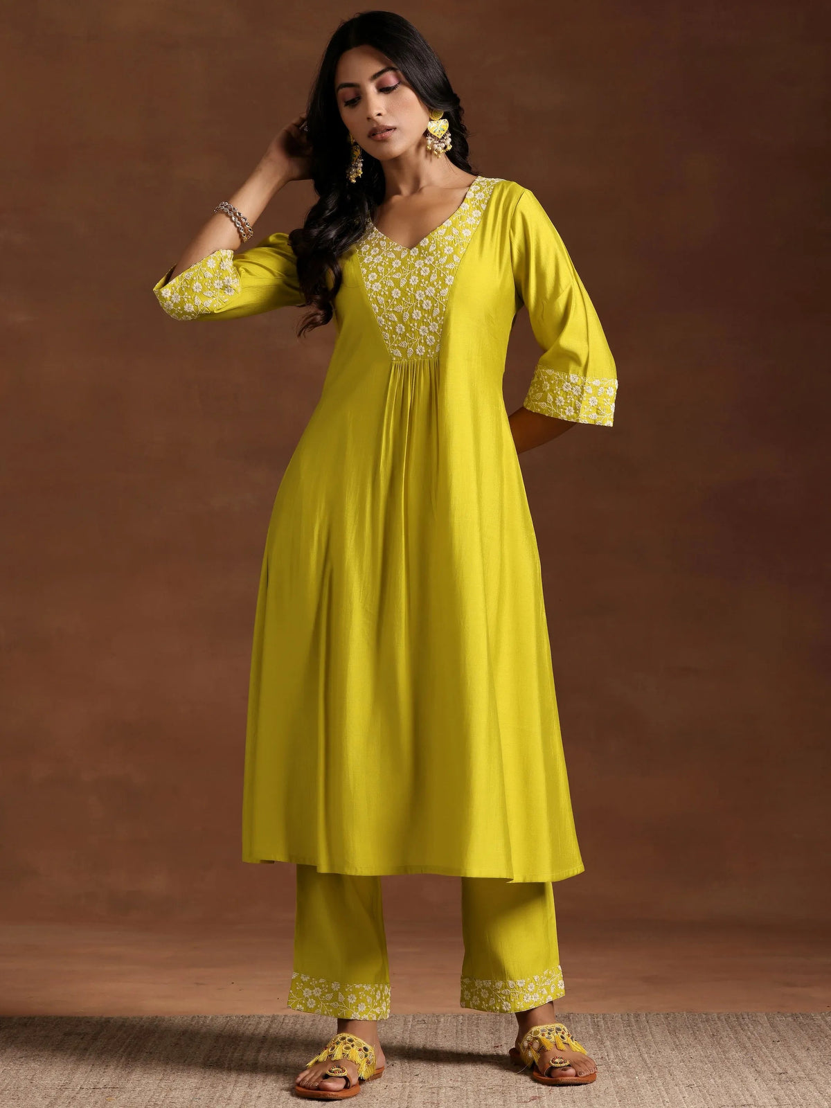 Anouk Yellow Yoke Design Silk Blend A-Line Kurta With Trousers