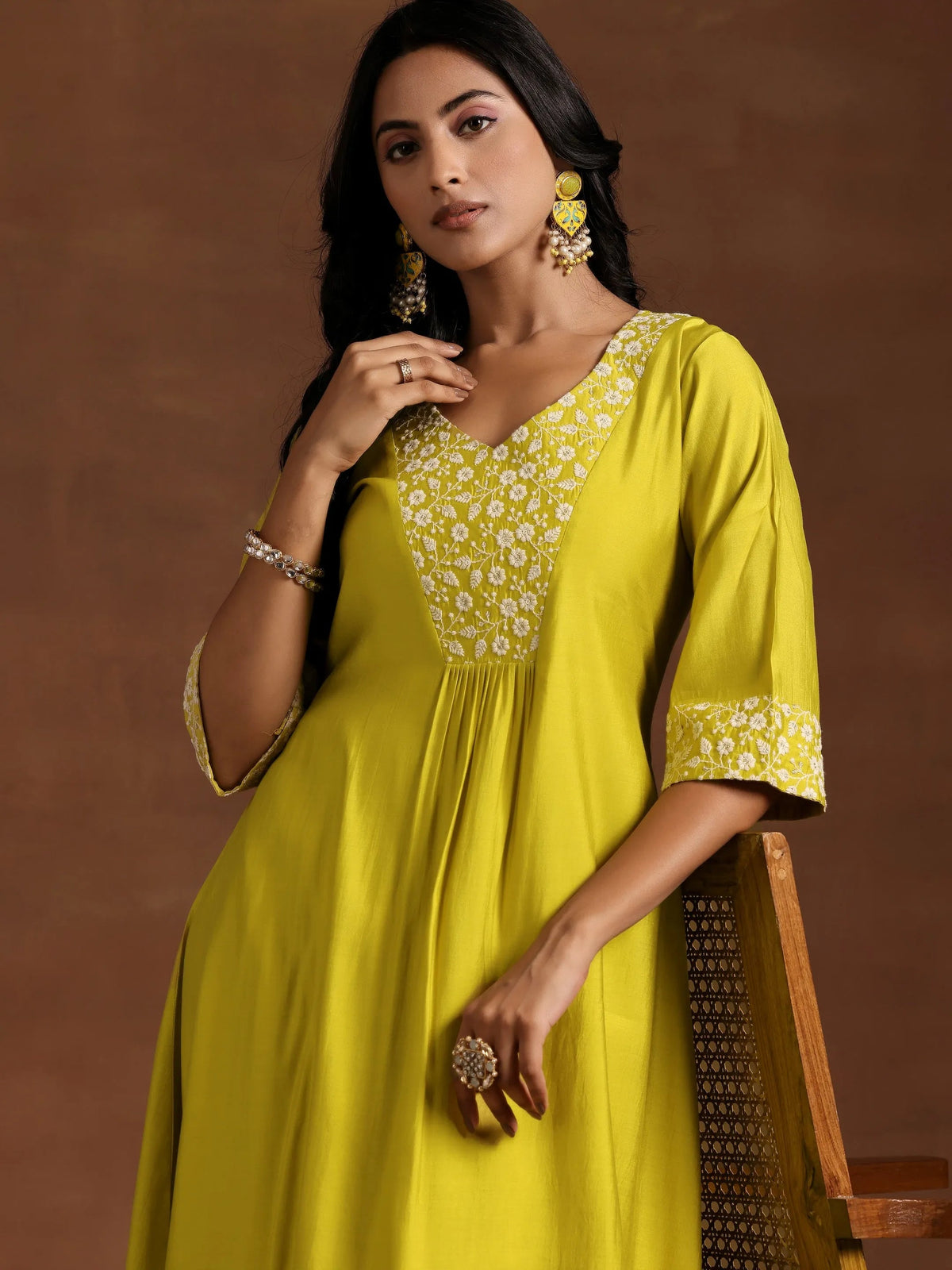 Anouk Yellow Yoke Design Silk Blend A-Line Kurta With Trousers