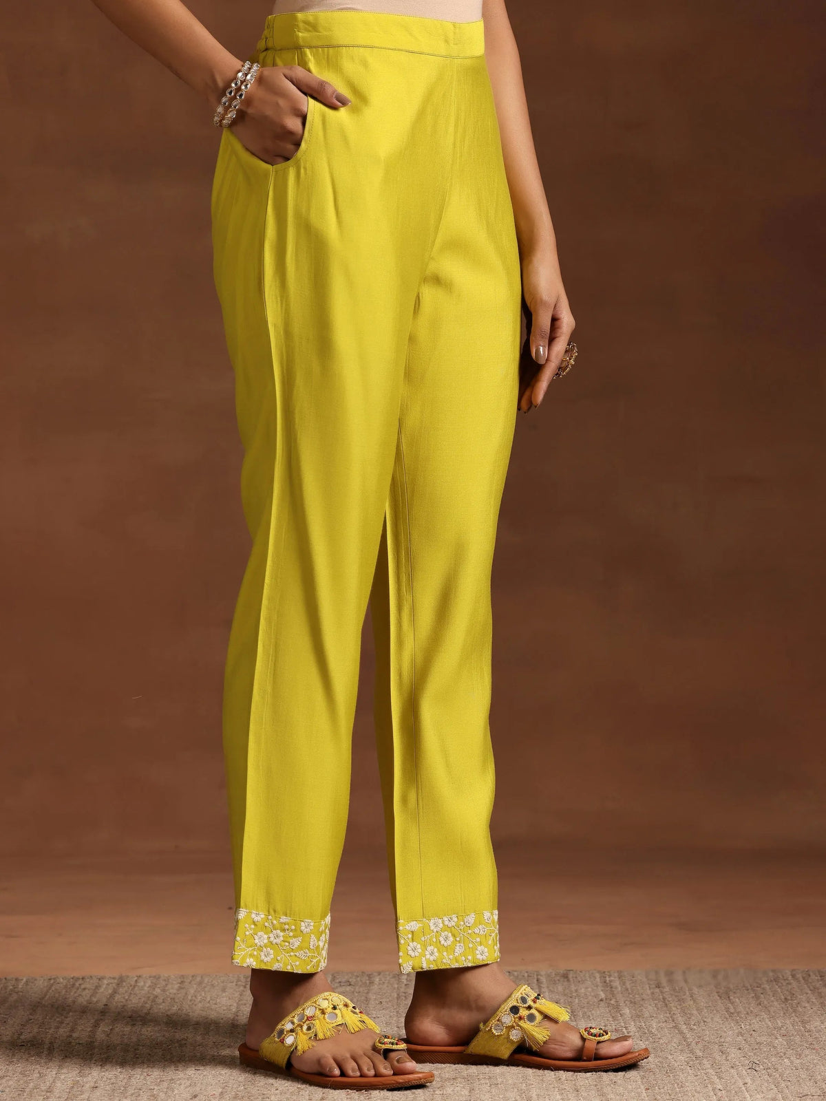 Anouk Yellow Yoke Design Silk Blend A-Line Kurta With Trousers