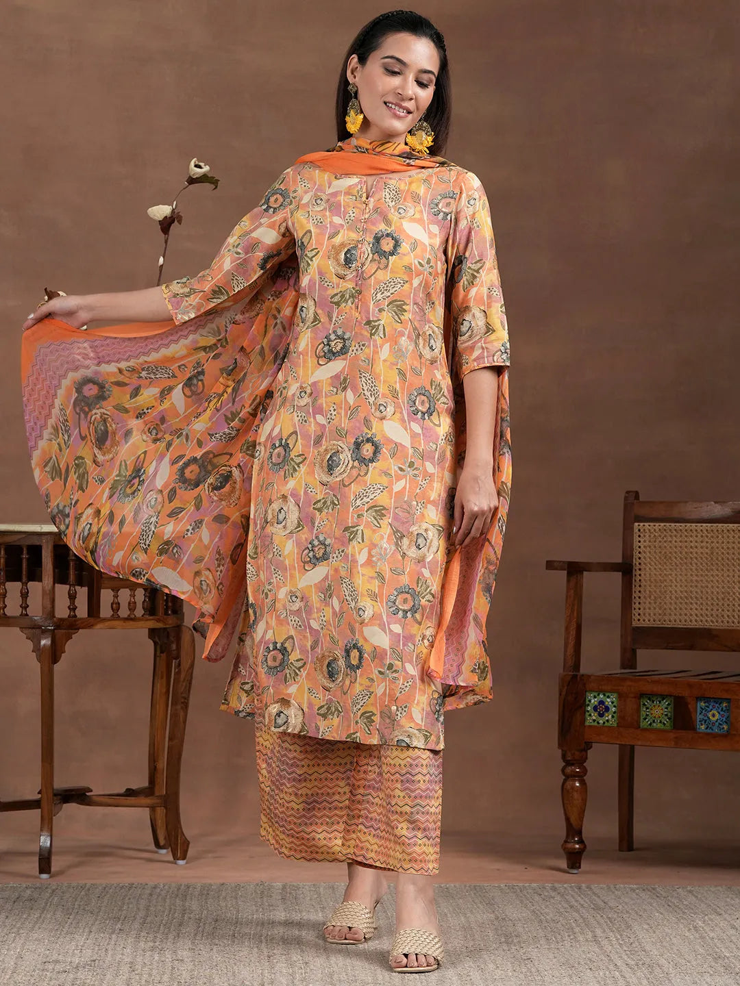 Anouk Orange Printed Silk Blend Straight Suit With Dupatta