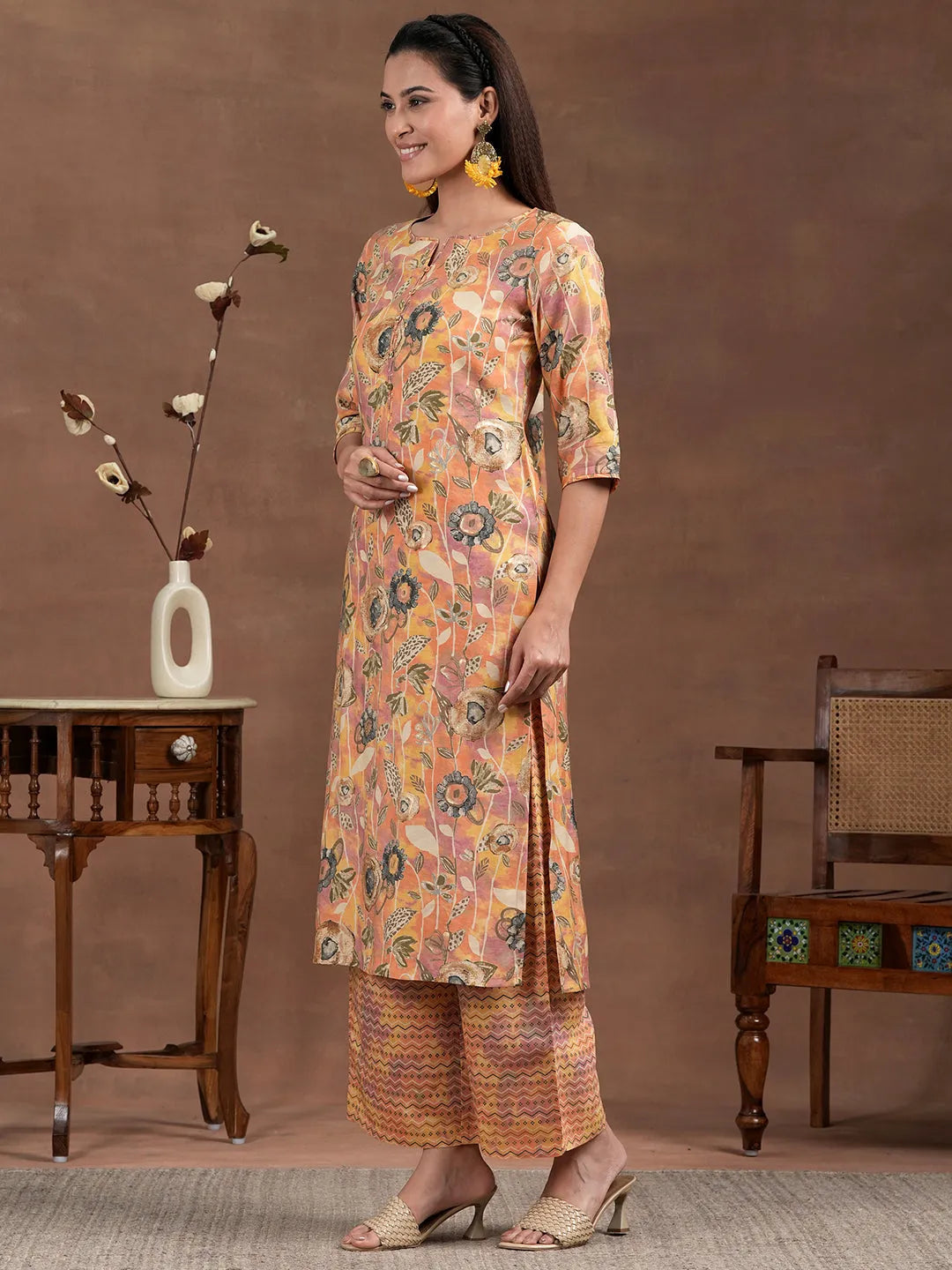 Anouk Orange Printed Silk Blend Straight Suit With Dupatta