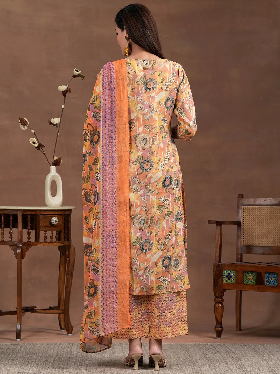 Anouk Orange Printed Silk Blend Straight Suit With Dupatta