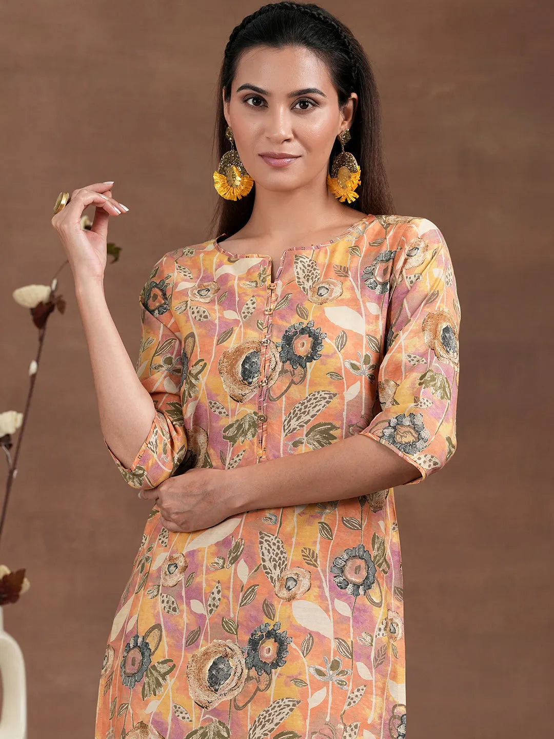 Anouk Orange Printed Silk Blend Straight Suit With Dupatta