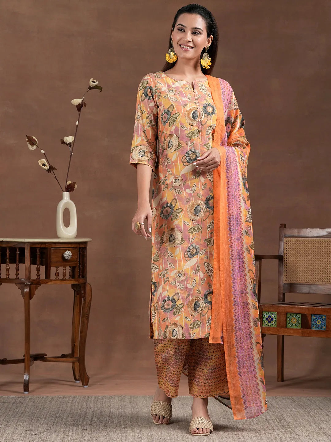 Anouk Orange Printed Silk Blend Straight Suit With Dupatta