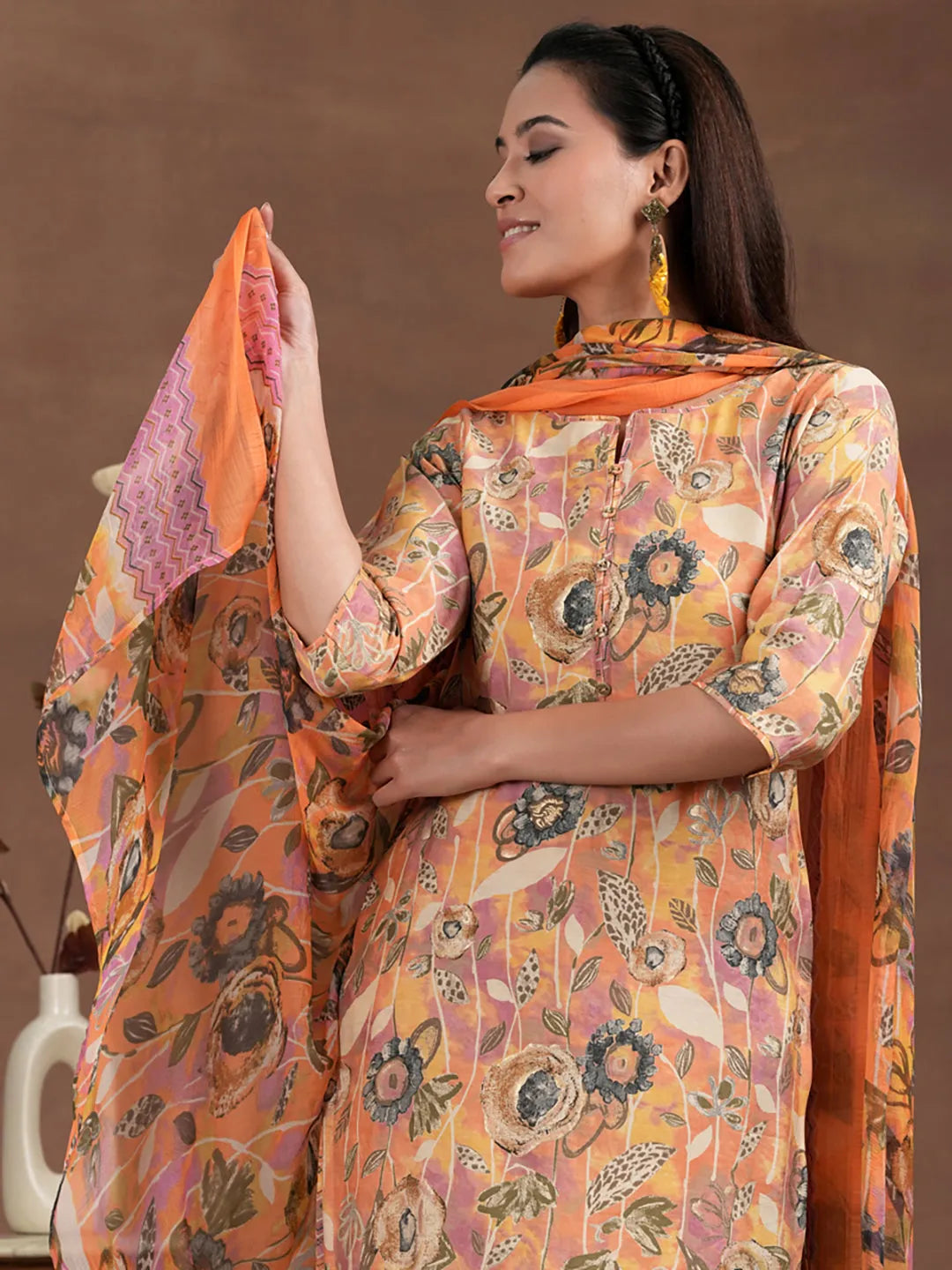 Anouk Orange Printed Silk Blend Straight Suit With Dupatta