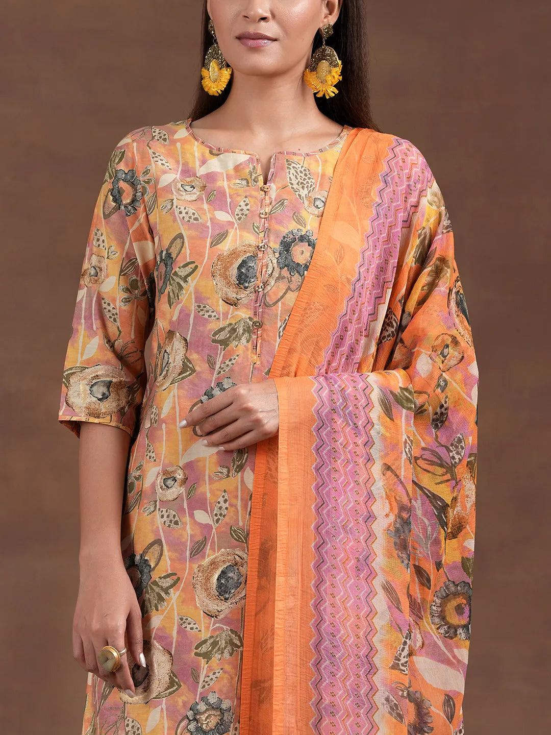 Anouk Orange Printed Silk Blend Straight Suit With Dupatta