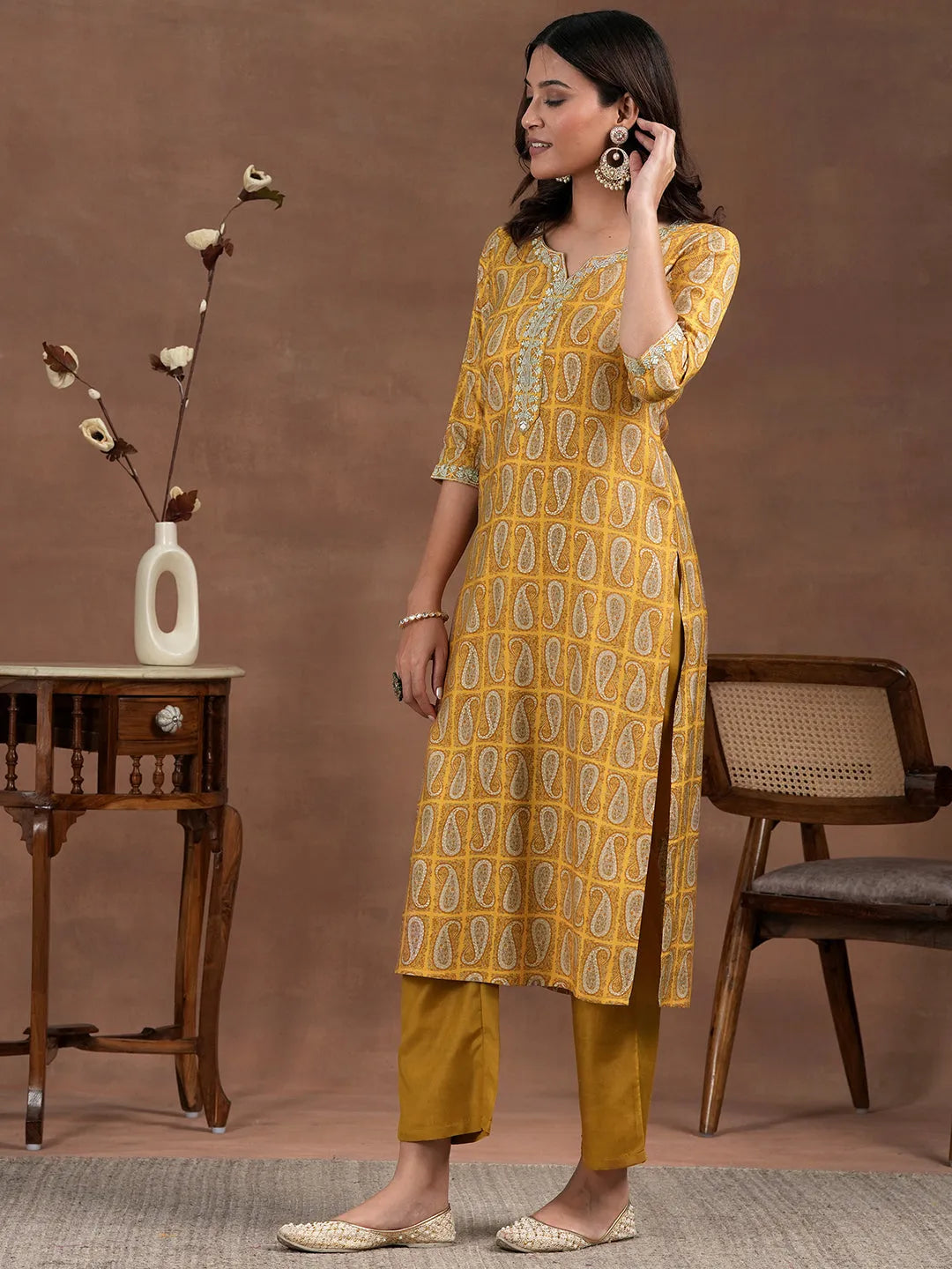Anouk Mustard Printed Silk Blend Straight Suit With Dupatta