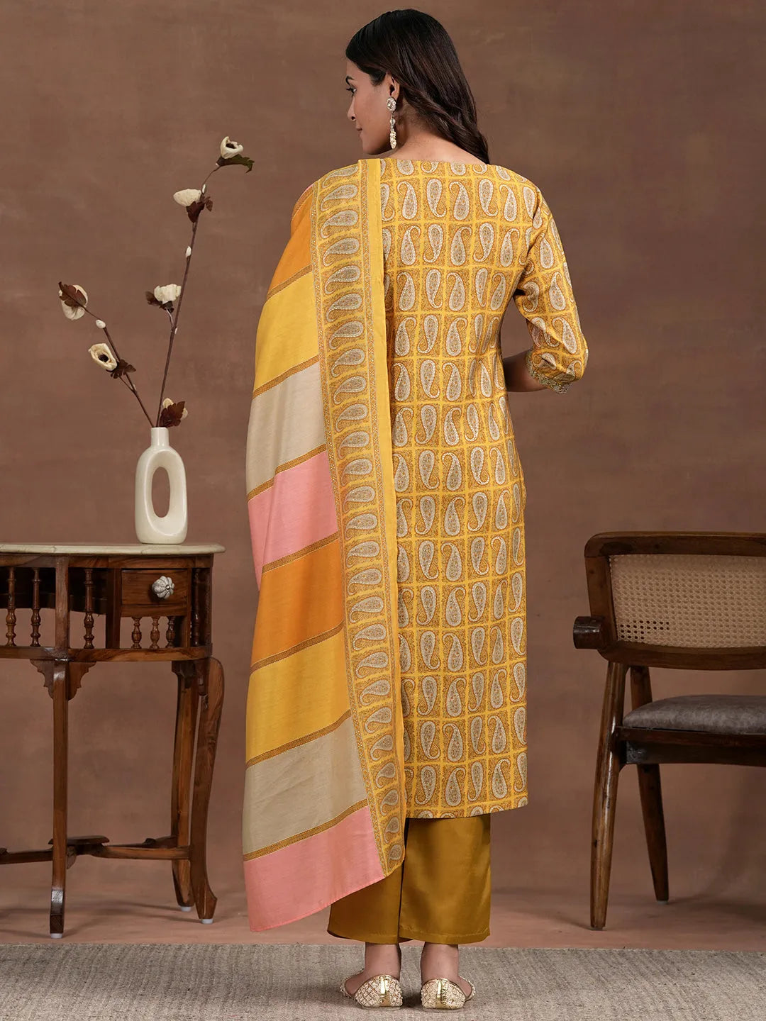 Anouk Mustard Printed Silk Blend Straight Suit With Dupatta