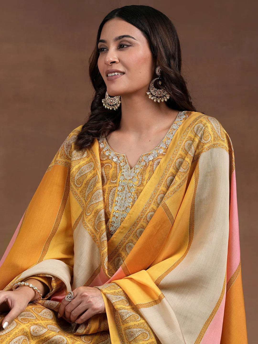 Anouk Mustard Printed Silk Blend Straight Suit With Dupatta