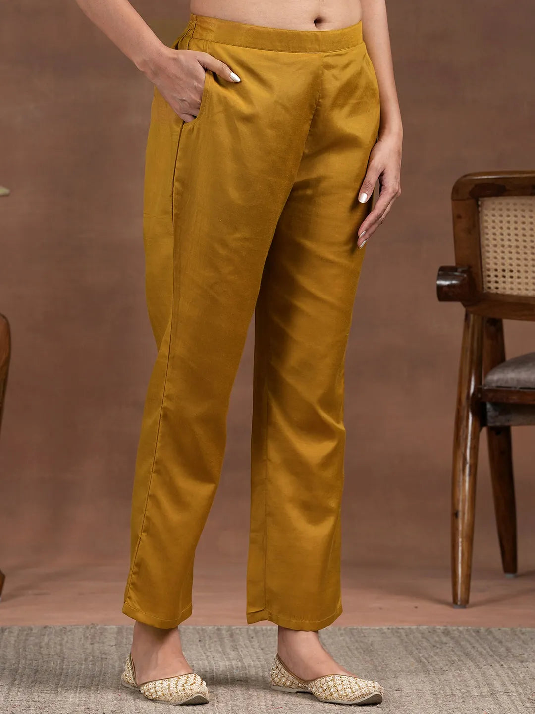 Anouk Mustard Printed Silk Blend Straight Suit With Dupatta