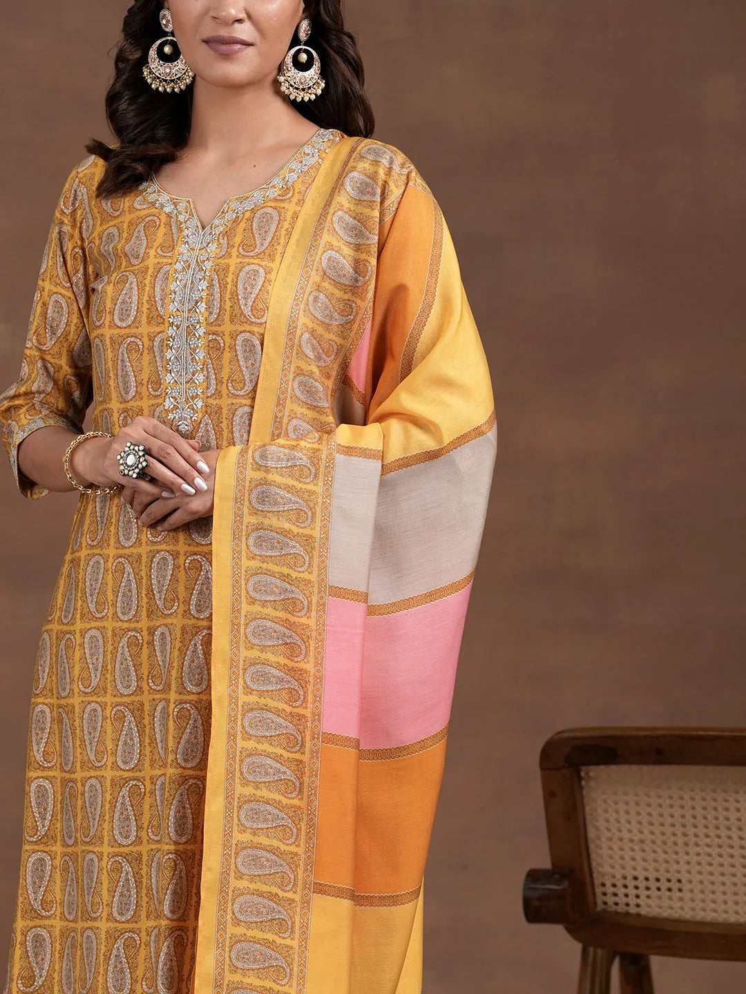 Anouk Mustard Printed Silk Blend Straight Suit With Dupatta