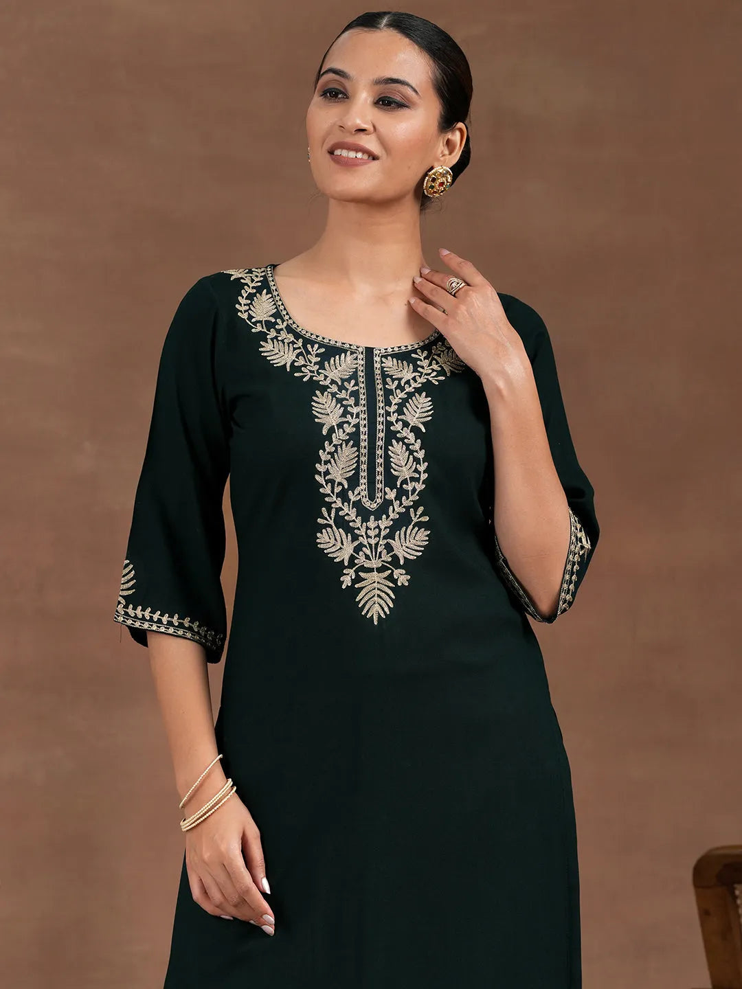 Anouk Green Yoke Design Rayon Straight Kurta Set