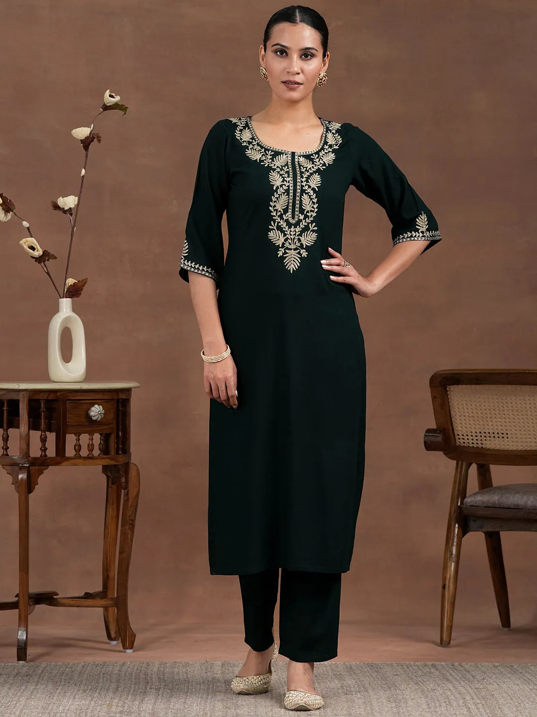 Anouk Green Yoke Design Rayon Straight Kurta Set