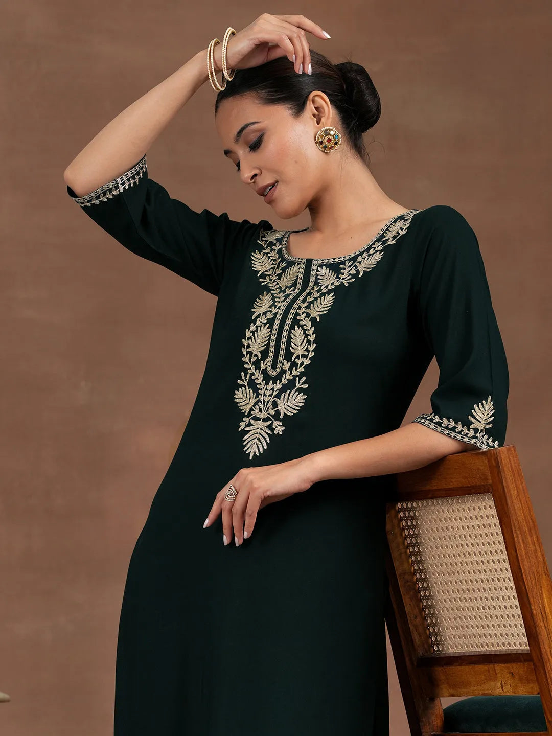 Anouk Green Yoke Design Rayon Straight Kurta Set