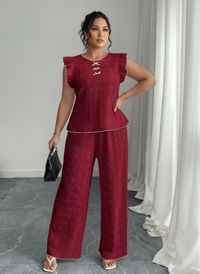 women Round Neck Mushroom Sleeve Top & Straight Pants