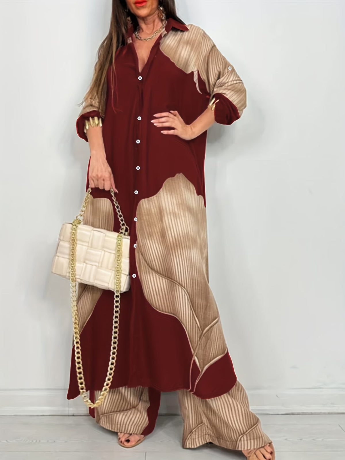 Women's Printed Long Shirt & Relaxed Pants Two-Piece Set