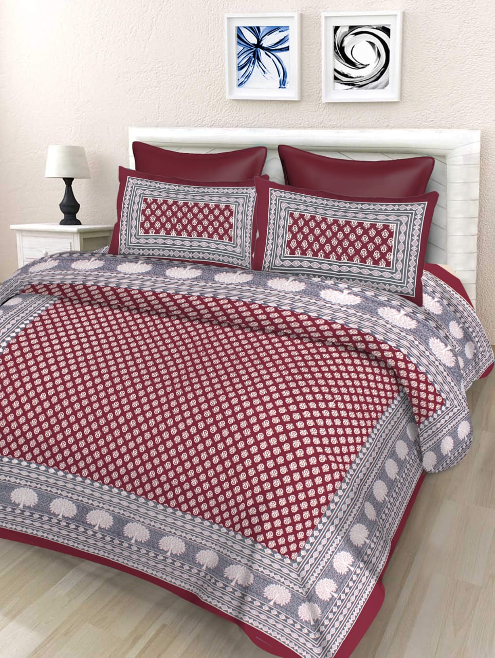 Jaipuri Double Bedsheet Set with Two Pillow Covers - 90x100 Size