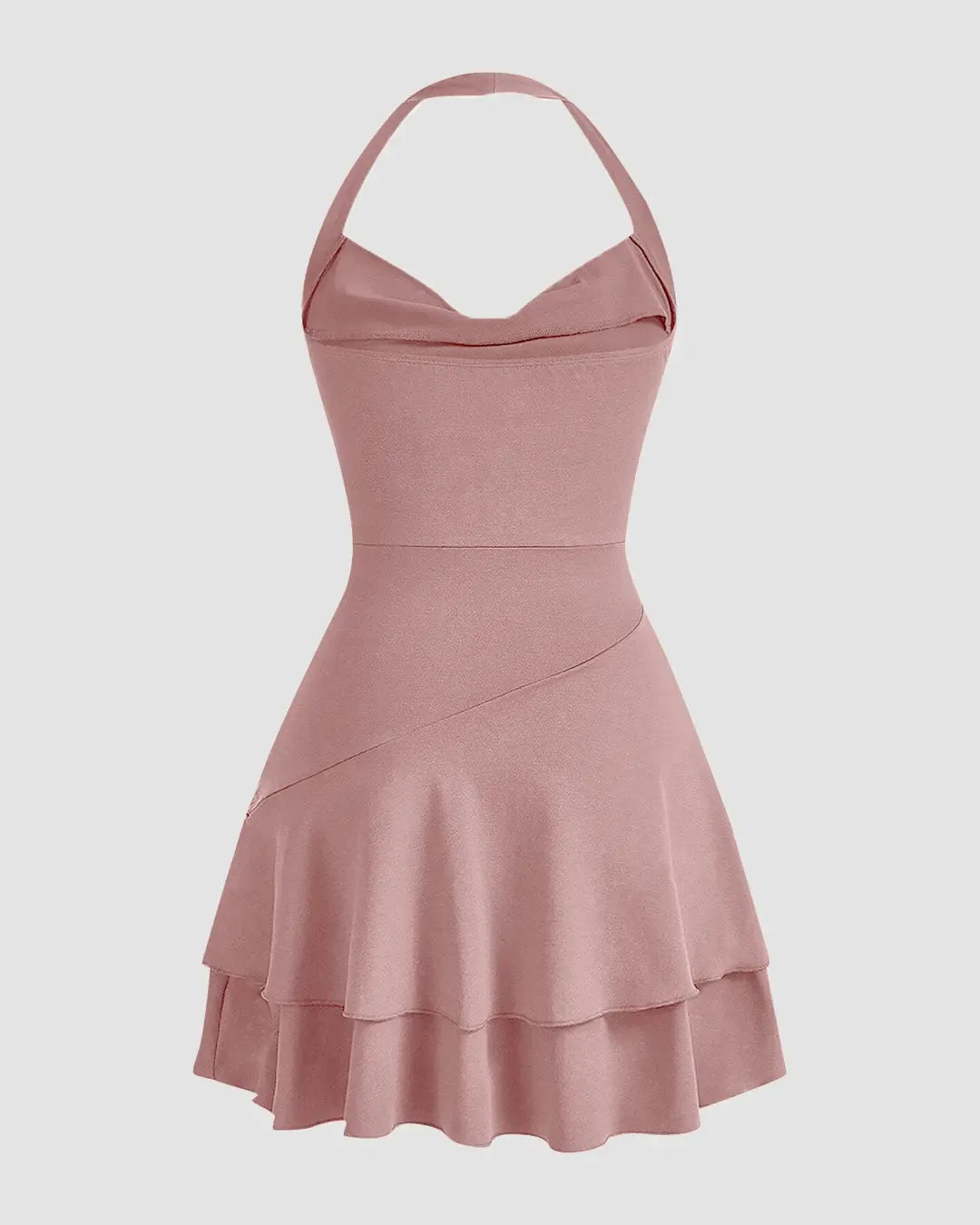 Halter Neck Double Layer Women's Slim Fit Mini Dress In Rose Pink
