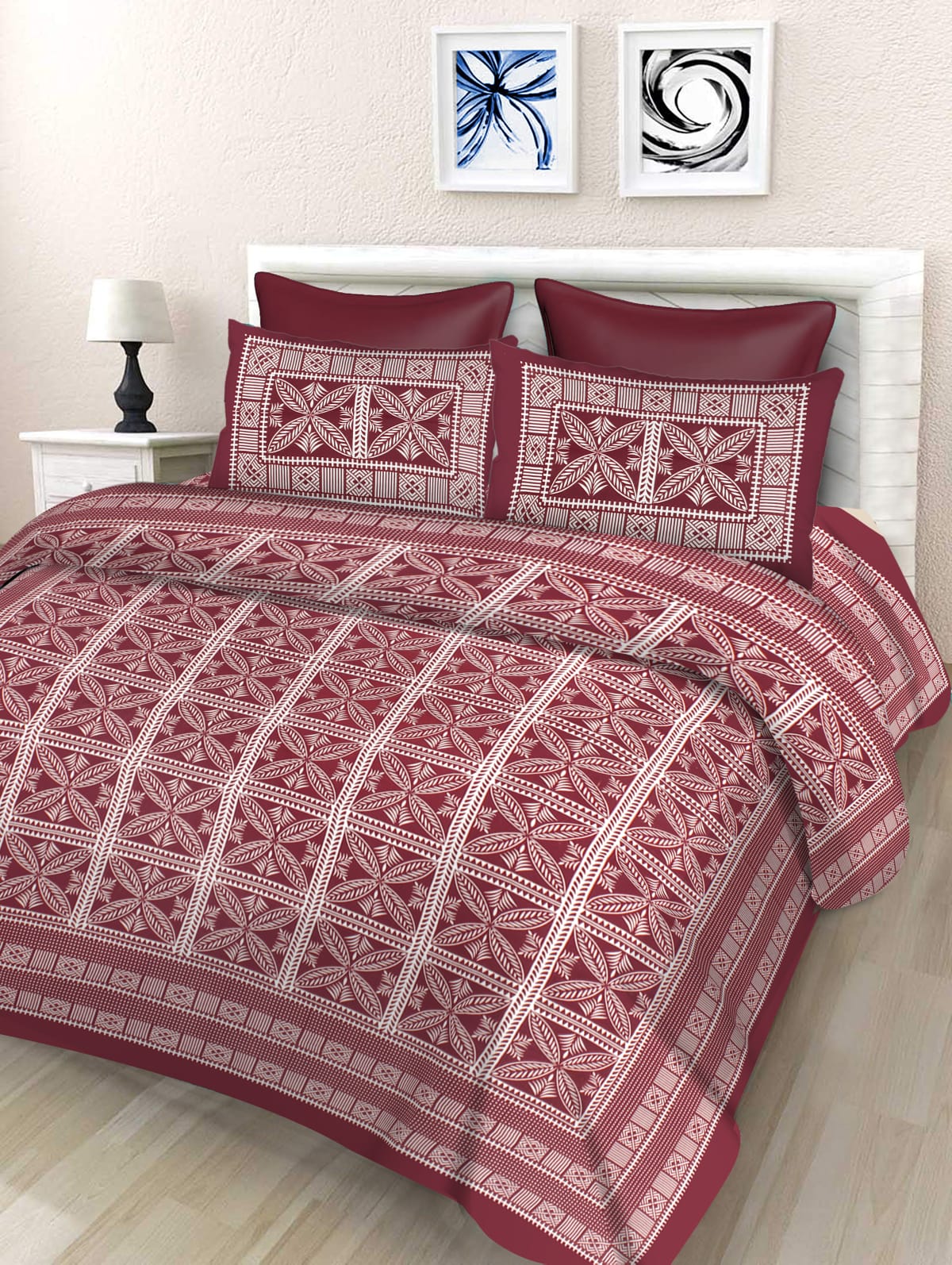 Jaipuri Double Bedsheet Set with Two Pillow Covers - 90x100 Size