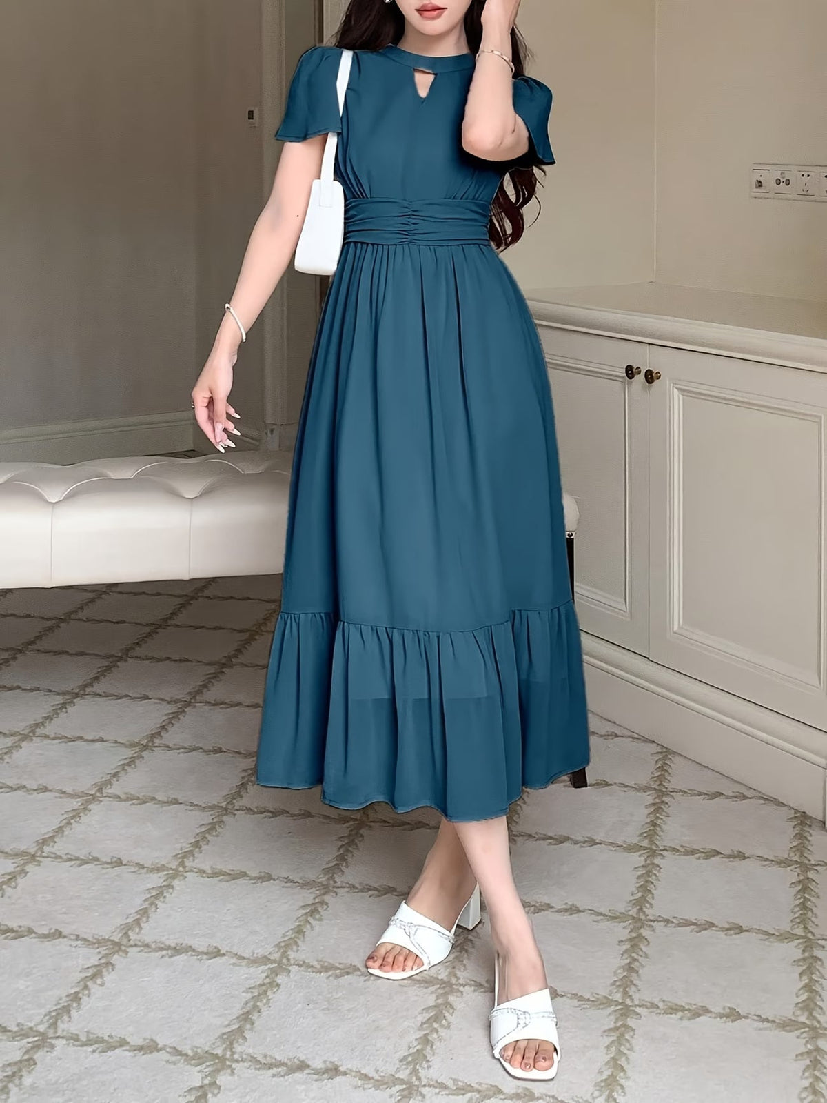 Women's Elegant Pleated Waist Ruffle Hem Maxi Dress