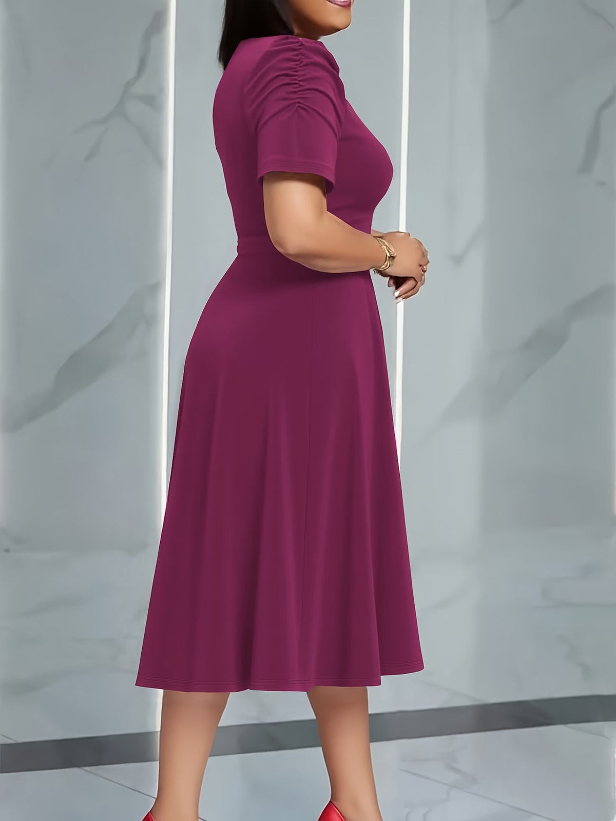 Women's Elegant V-Neck Ruffle Midi Dress with Waist Belt