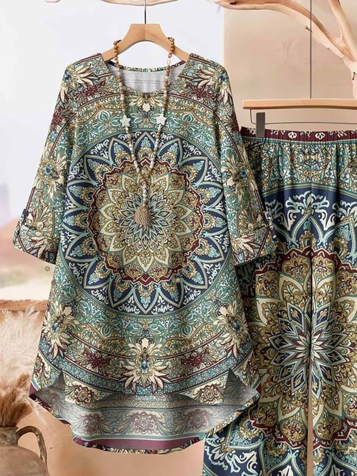 Plus Size Bohemian Printed Co-Ord Set – V-Neck Casual Tunic & Pants Outfit