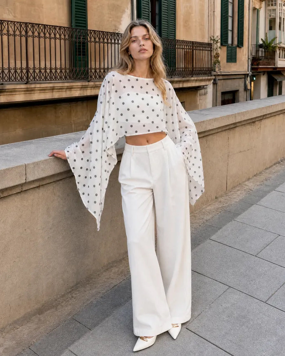 Asymmetrical Neck Polka Dot Mesh Crop Top in Classic White