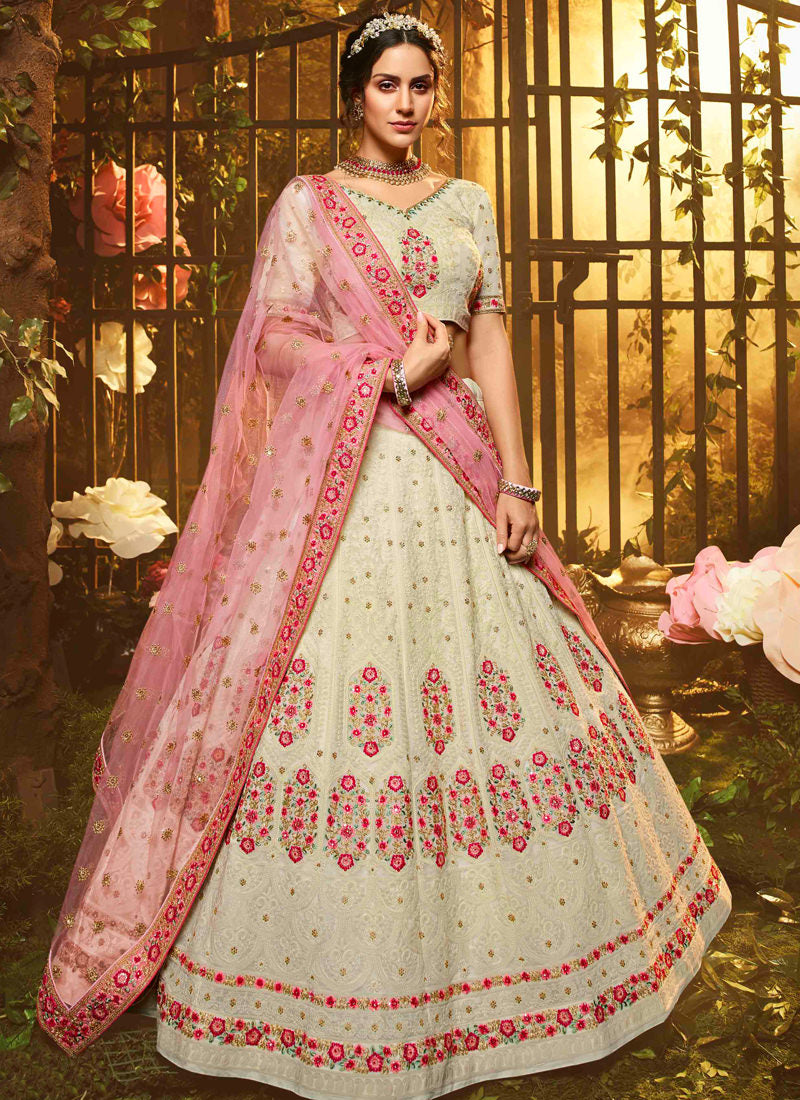 White Color Resham And Sequins Base Flared Lehenga Choli