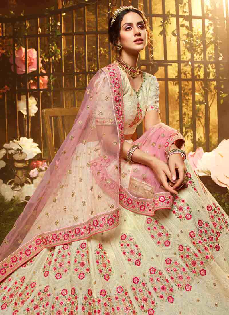 White Color Resham And Sequins Base Flared Lehenga Choli