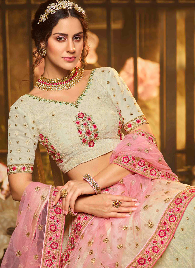 White Color Resham And Sequins Base Flared Lehenga Choli
