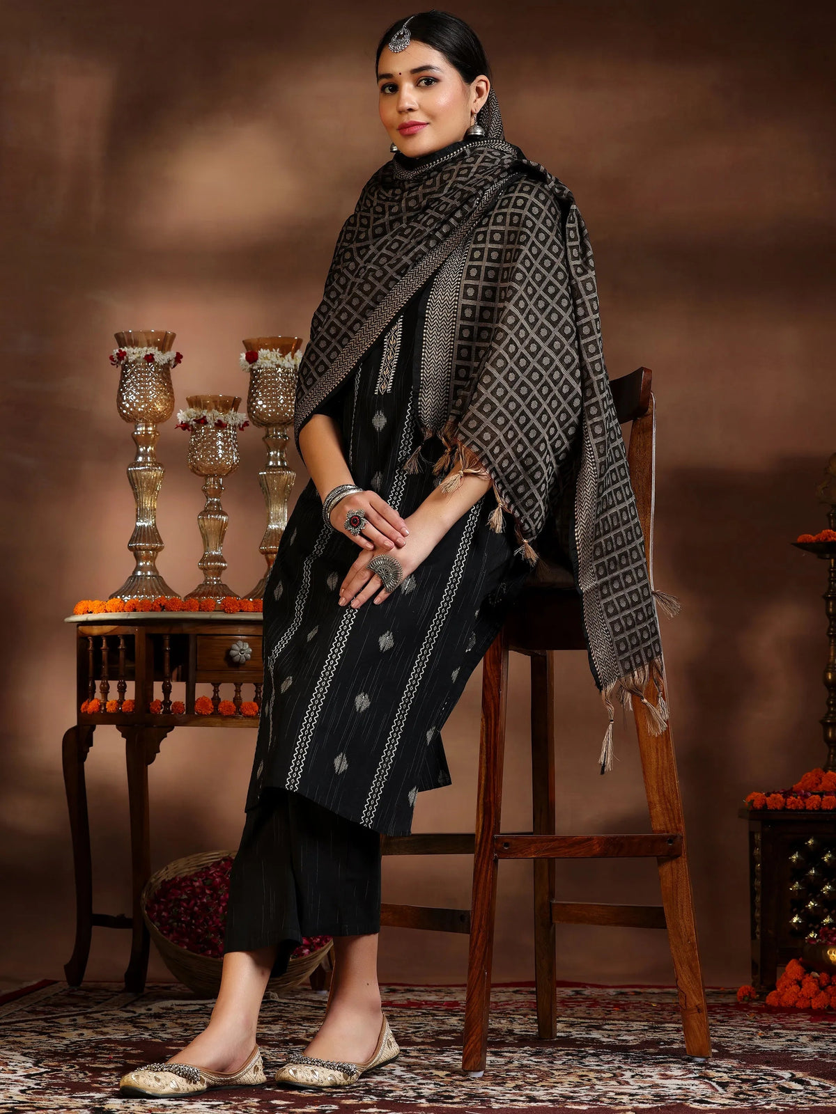 Anouk Black Woven Design Cotton Blend Straight Suit With Dupatta