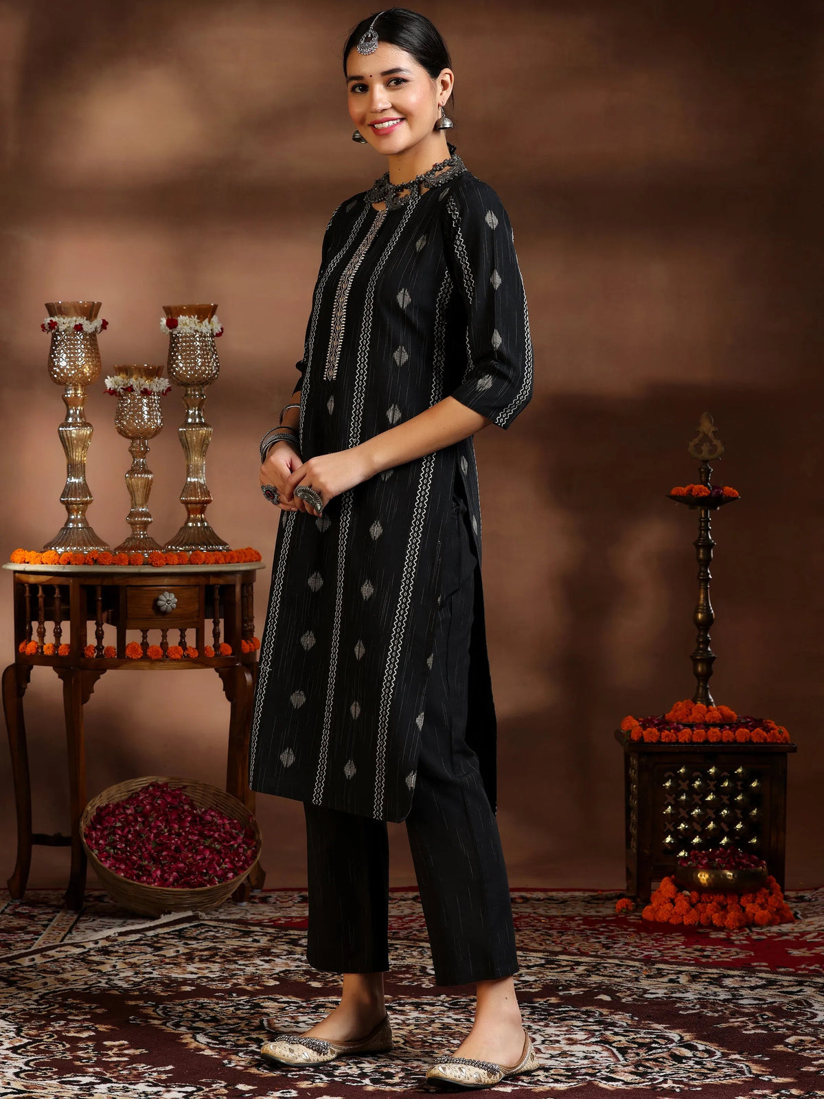 Anouk Black Woven Design Cotton Blend Straight Suit With Dupatta