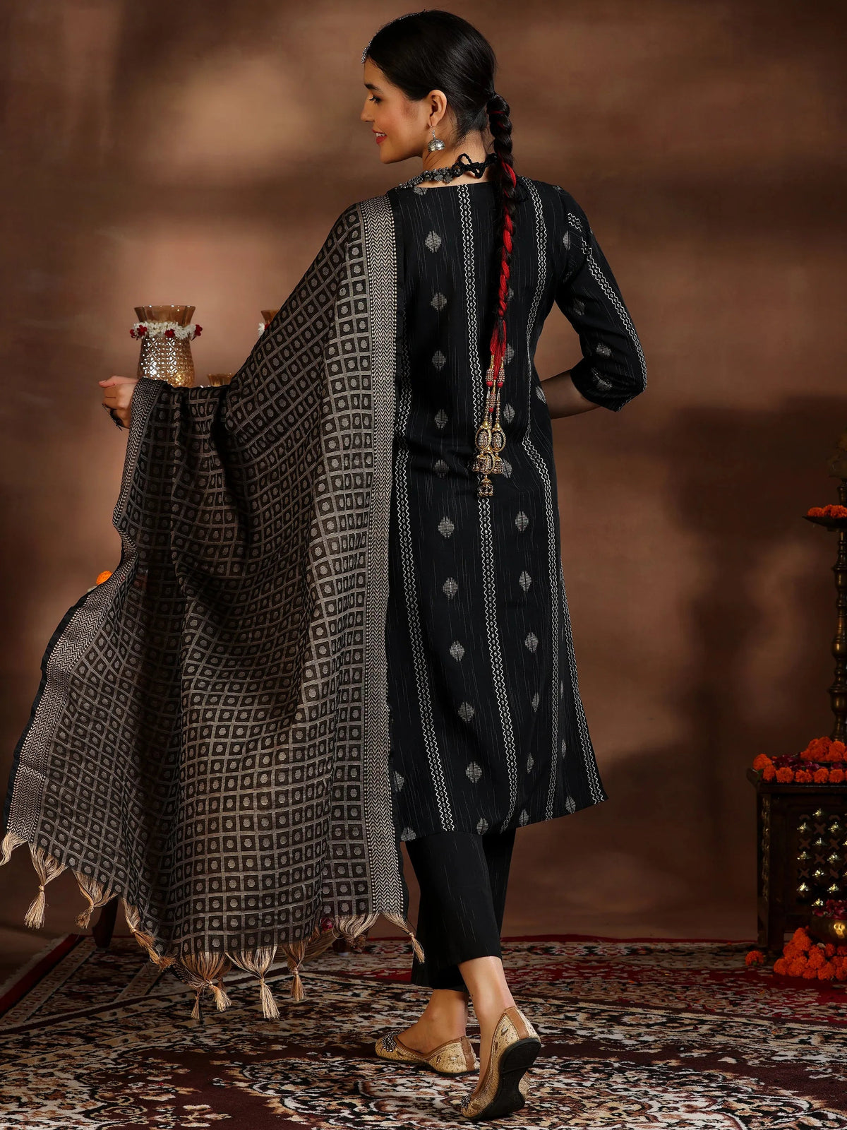 Anouk Black Woven Design Cotton Blend Straight Suit With Dupatta