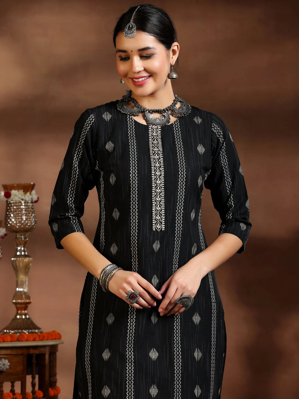 Anouk Black Woven Design Cotton Blend Straight Suit With Dupatta