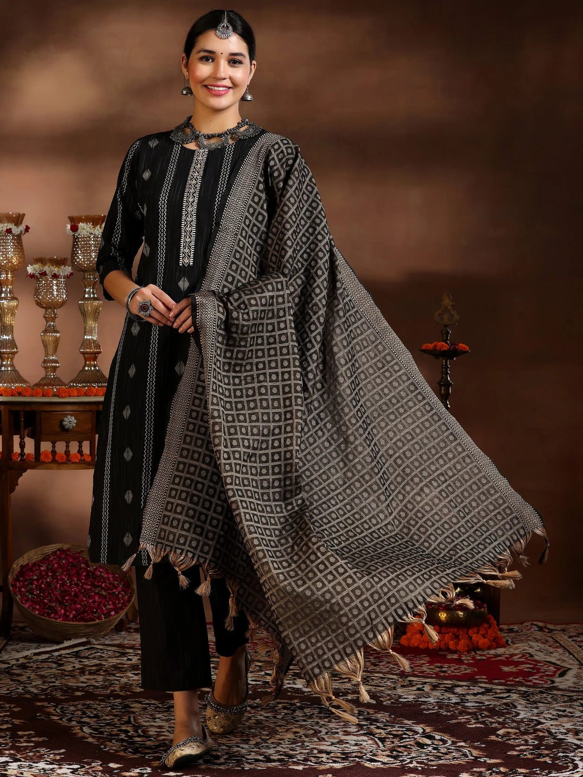 Anouk Black Woven Design Cotton Blend Straight Suit With Dupatta