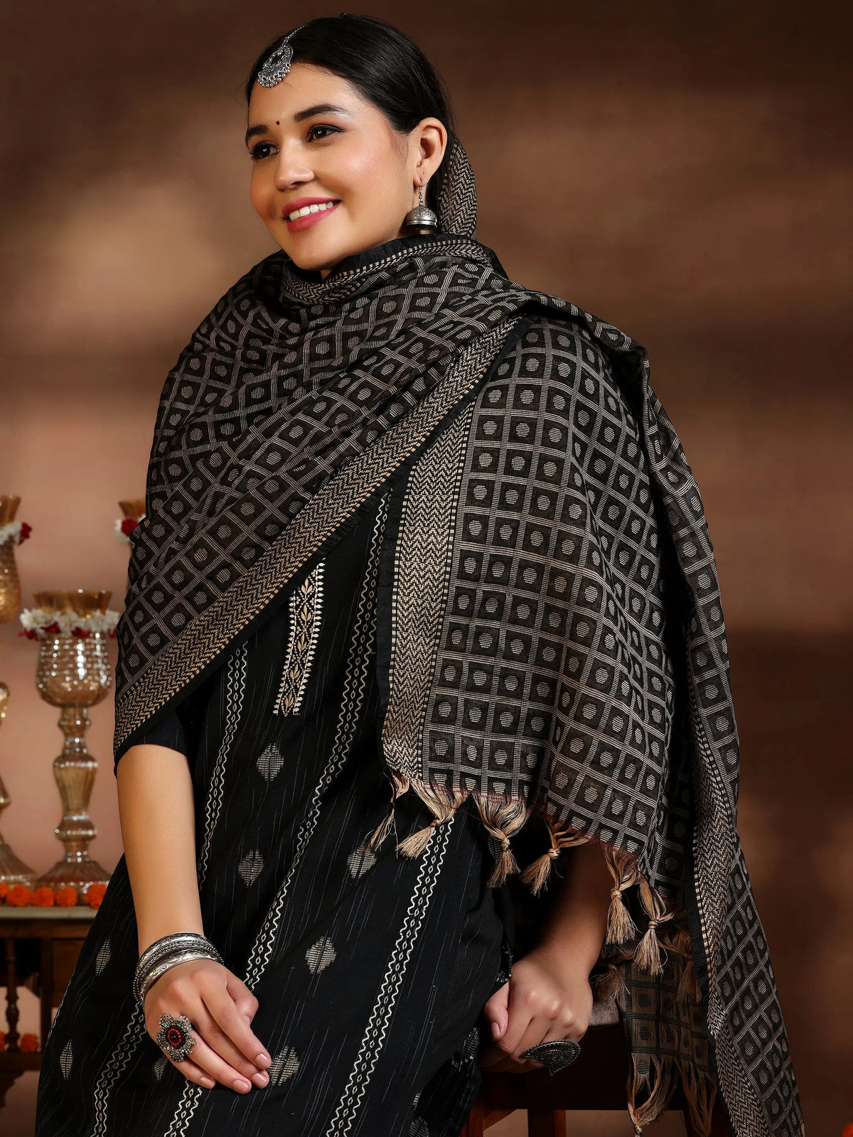Anouk Black Woven Design Cotton Blend Straight Suit With Dupatta