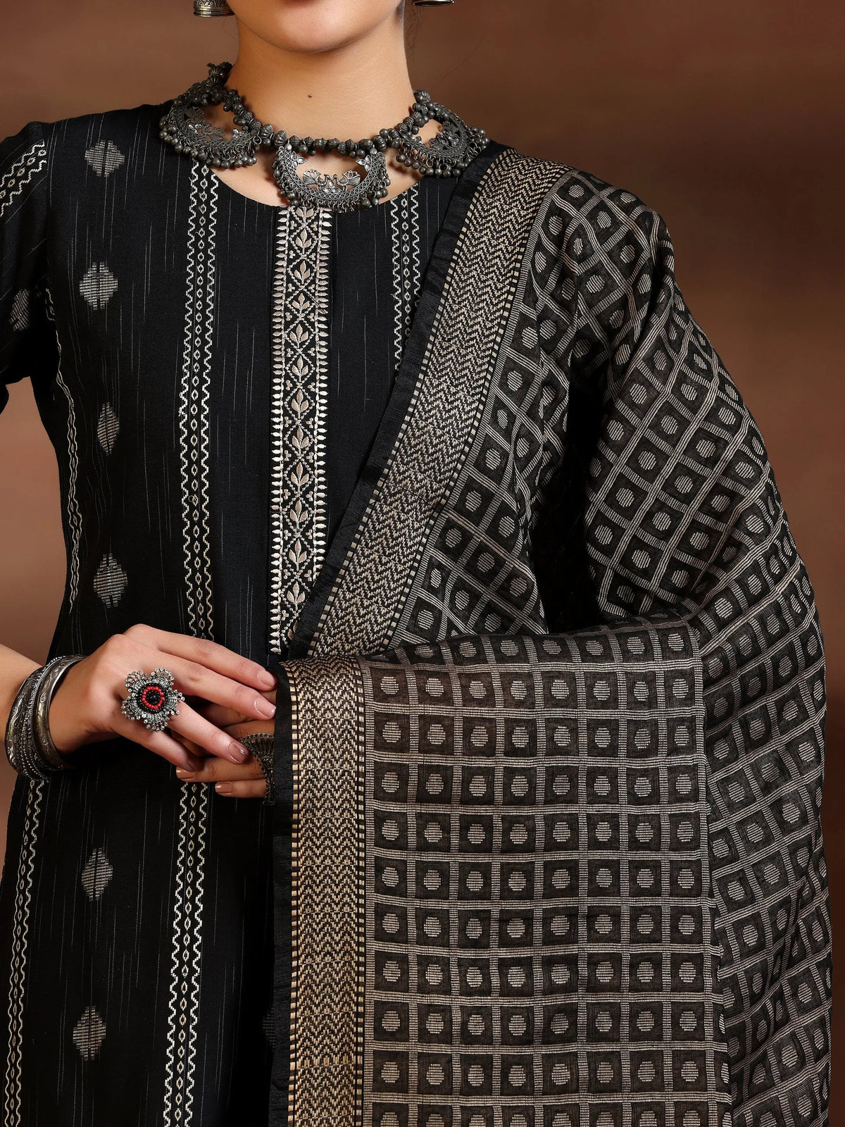 Anouk Black Woven Design Cotton Blend Straight Suit With Dupatta