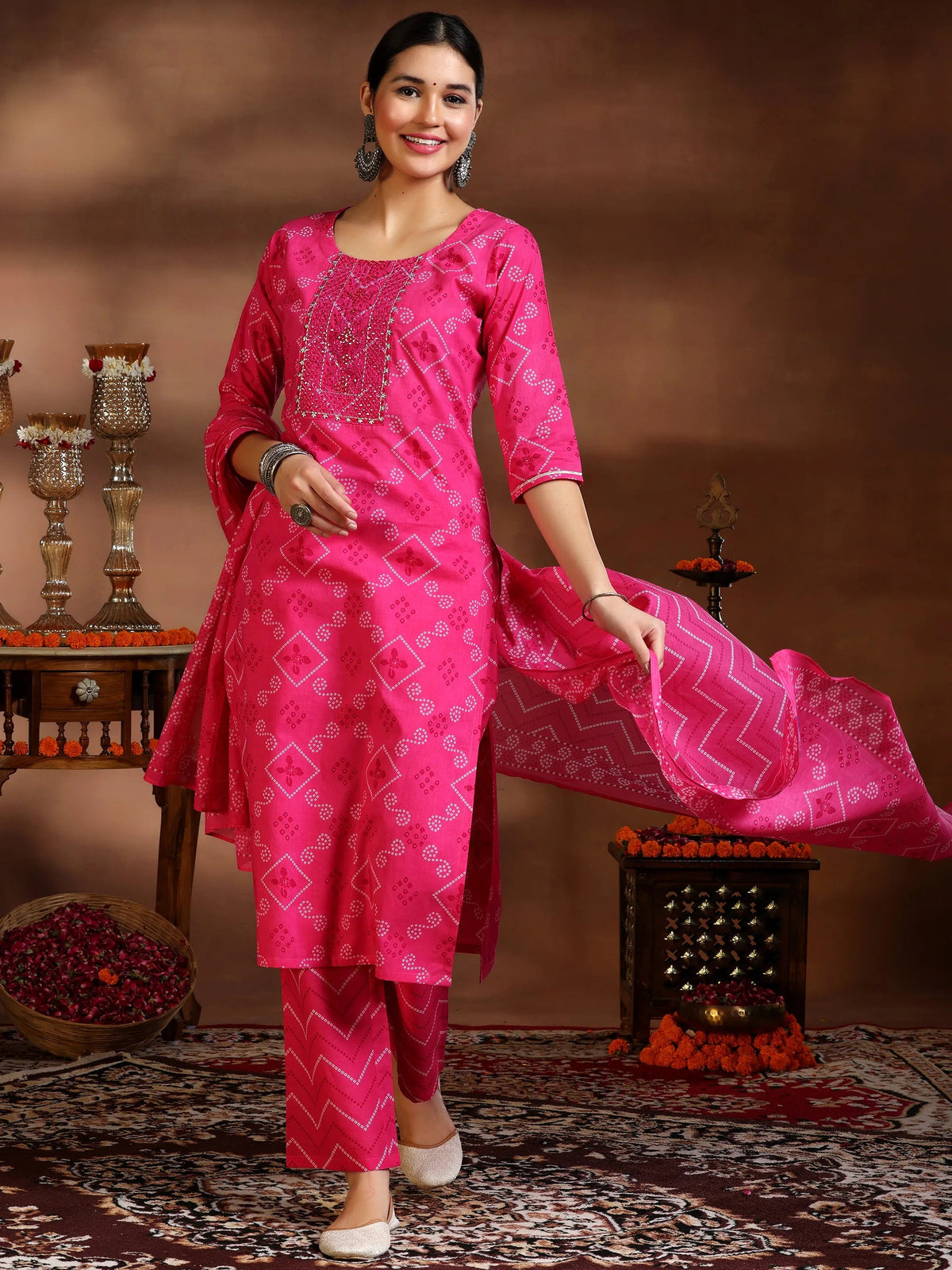 Anouk Pink Printed Cotton Straight Suit With Dupatta