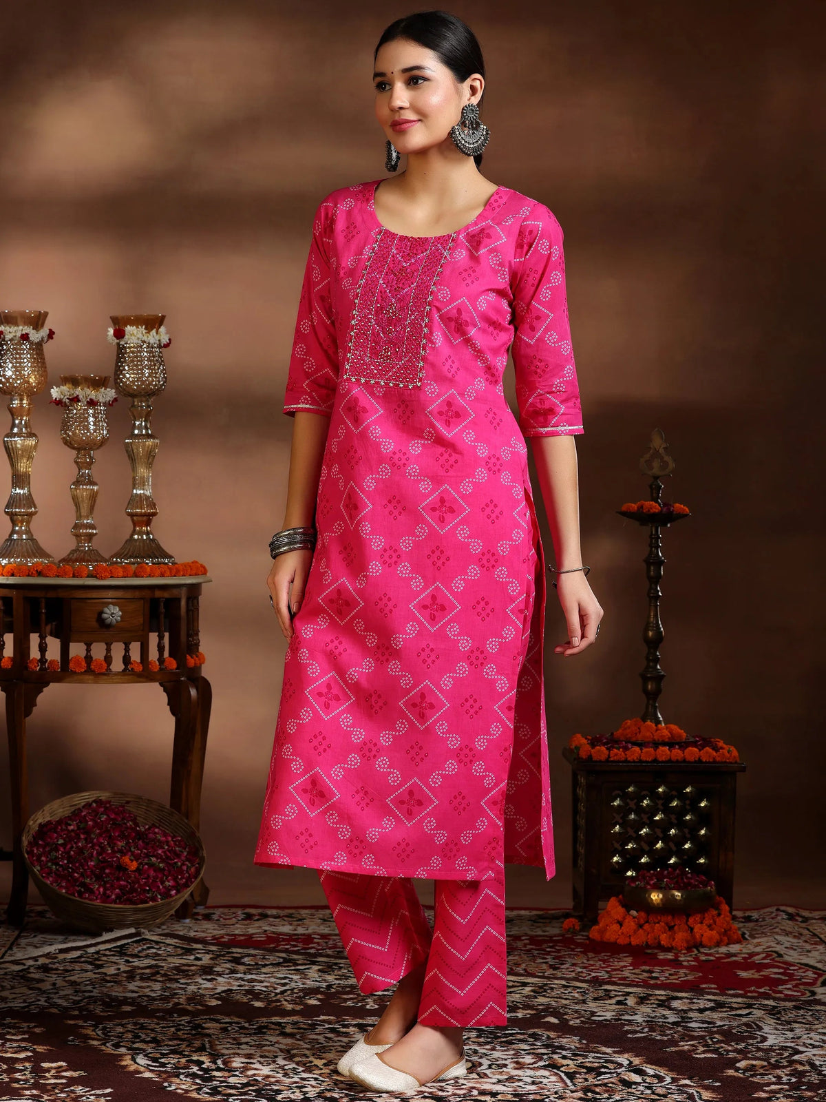 Anouk Pink Printed Cotton Straight Suit With Dupatta