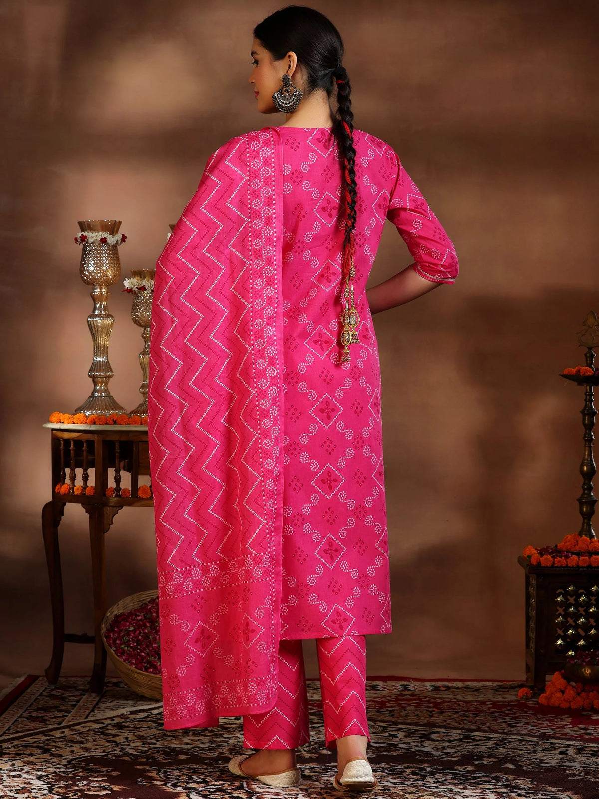 Anouk Pink Printed Cotton Straight Suit With Dupatta