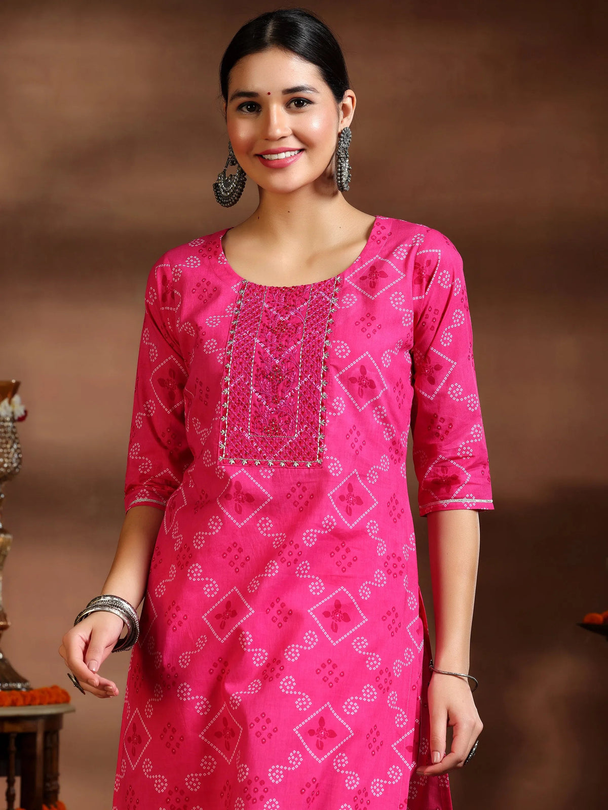 Anouk Pink Printed Cotton Straight Suit With Dupatta