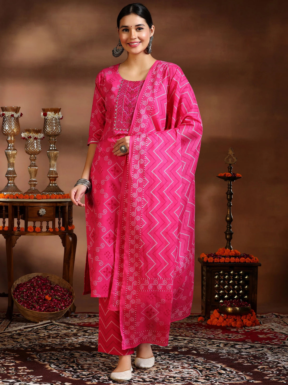 Anouk Pink Printed Cotton Straight Suit With Dupatta
