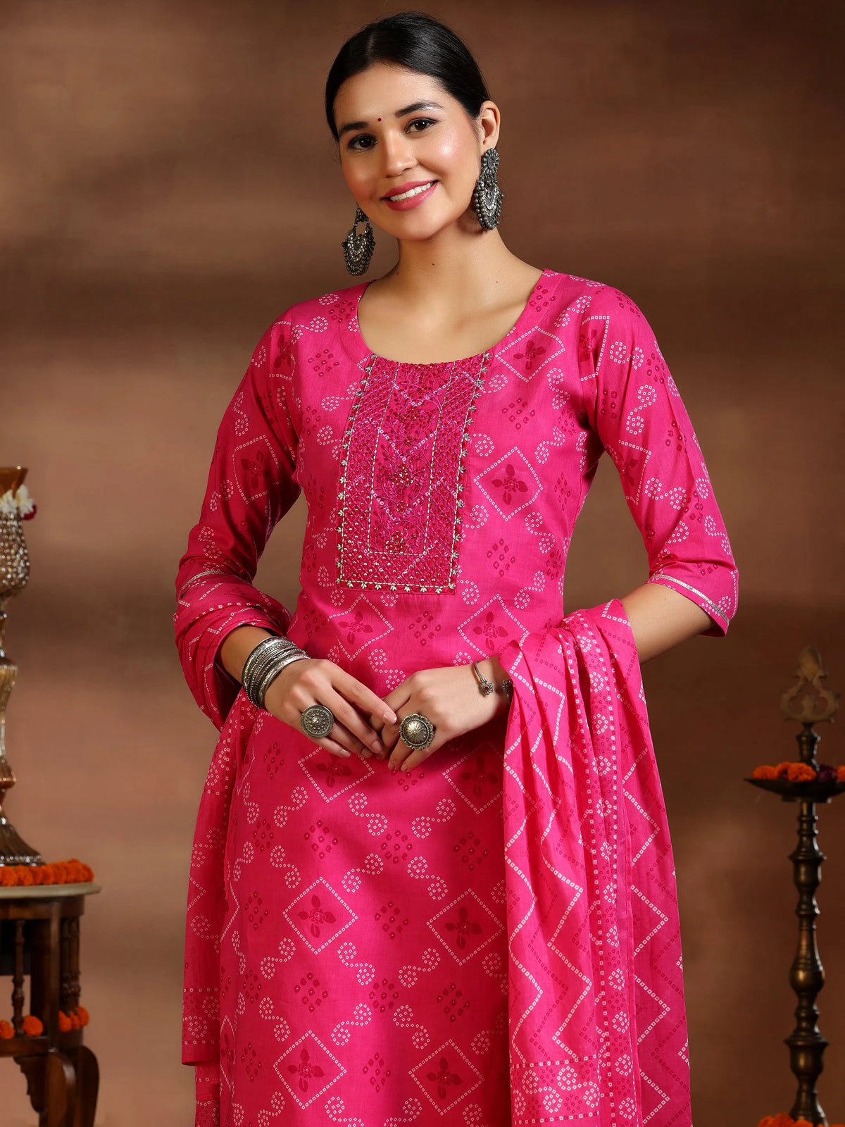Anouk Pink Printed Cotton Straight Suit With Dupatta