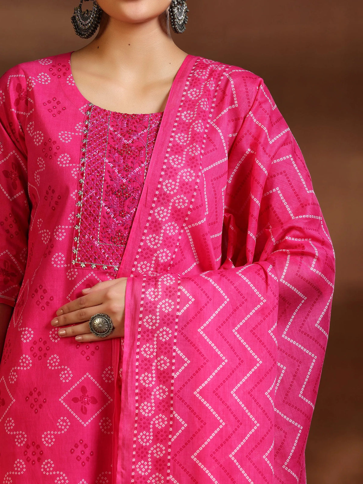 Anouk Pink Printed Cotton Straight Suit With Dupatta